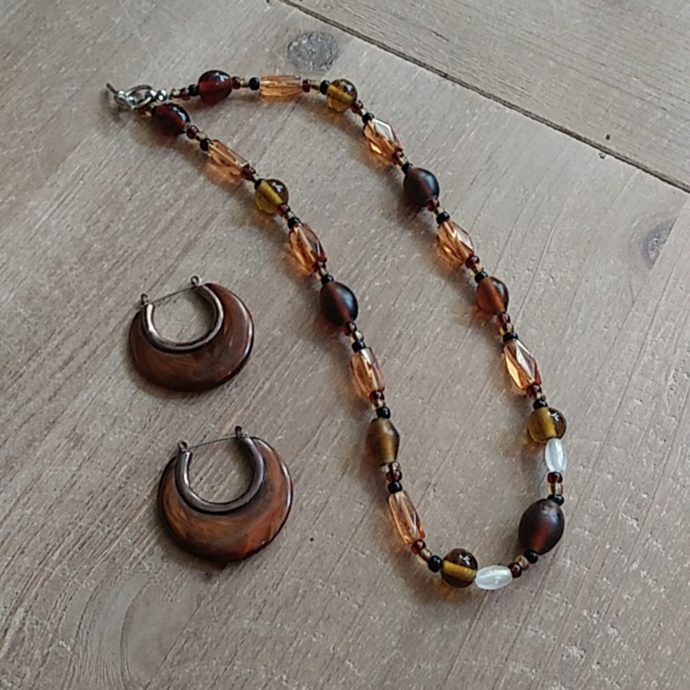 Brown Boho Stament Earrings Hoops & Brown  Beaded Necklace - Picture 14 of 17